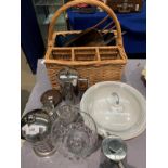 Wicker open picnic basket, tribal mask, cafetieres, etc.