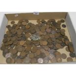 Contents to tray - large quantity of pre-decimal pennies and a brooch