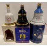 3 x Bells commemorative decanters, Queen Mother at 90,