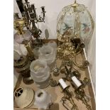 Contents to tray, brass light, oil lamps, four stem candelabra, lamp shades etc.