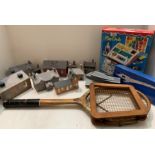 Slazengers tennis racket and Dunlop brace, model railway buildings, play desk, Concorde model, etc.