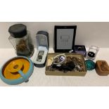 Watches, costume jewellery, Kindle, jar of old coins, chamber stick,