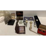 Six gents watches, pocket watch, cufflinks, coins, day pipe,