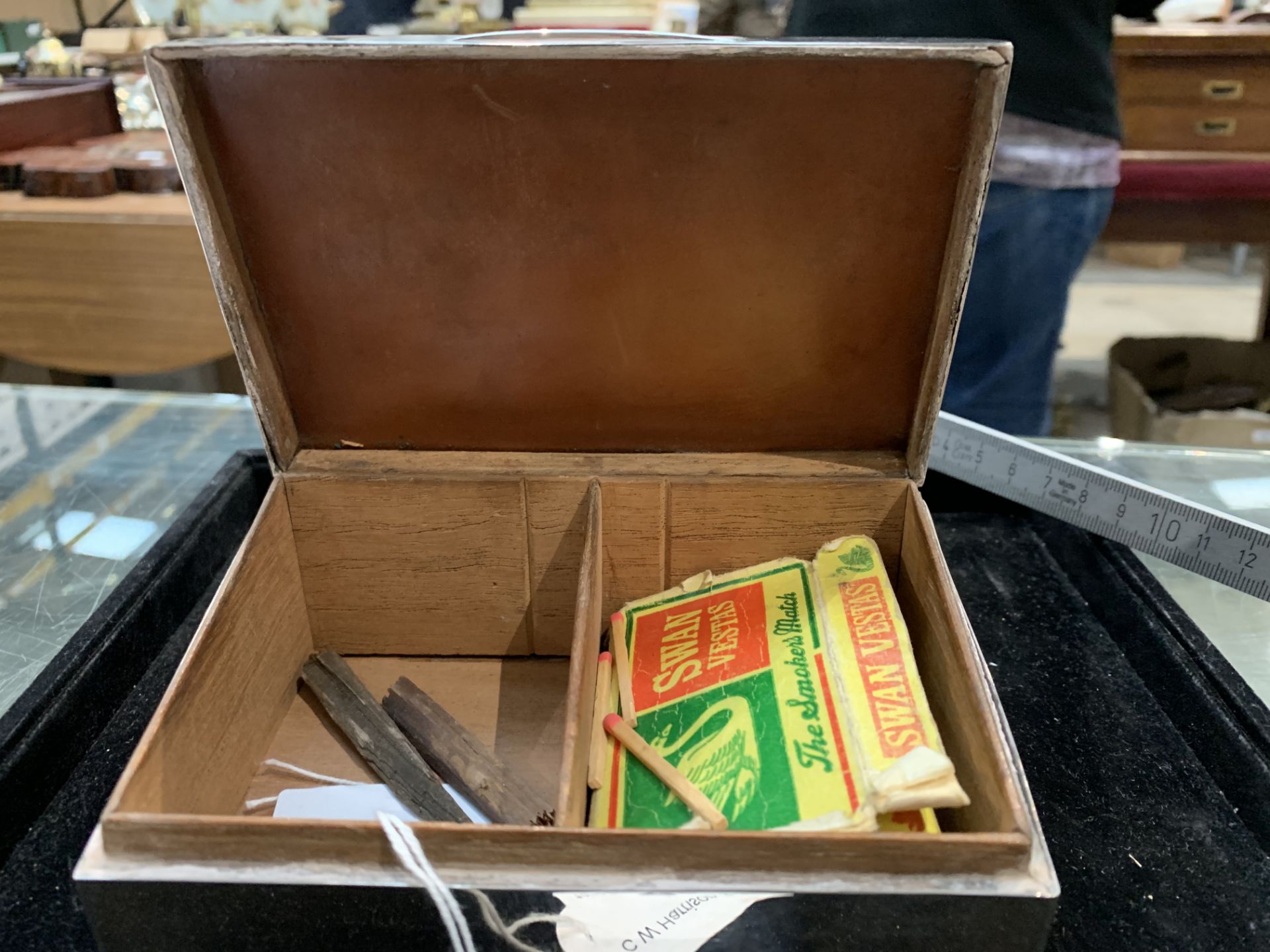 An engine-turned silver cigarette box with hinged, sloping lid, cedar lining, - Image 4 of 11