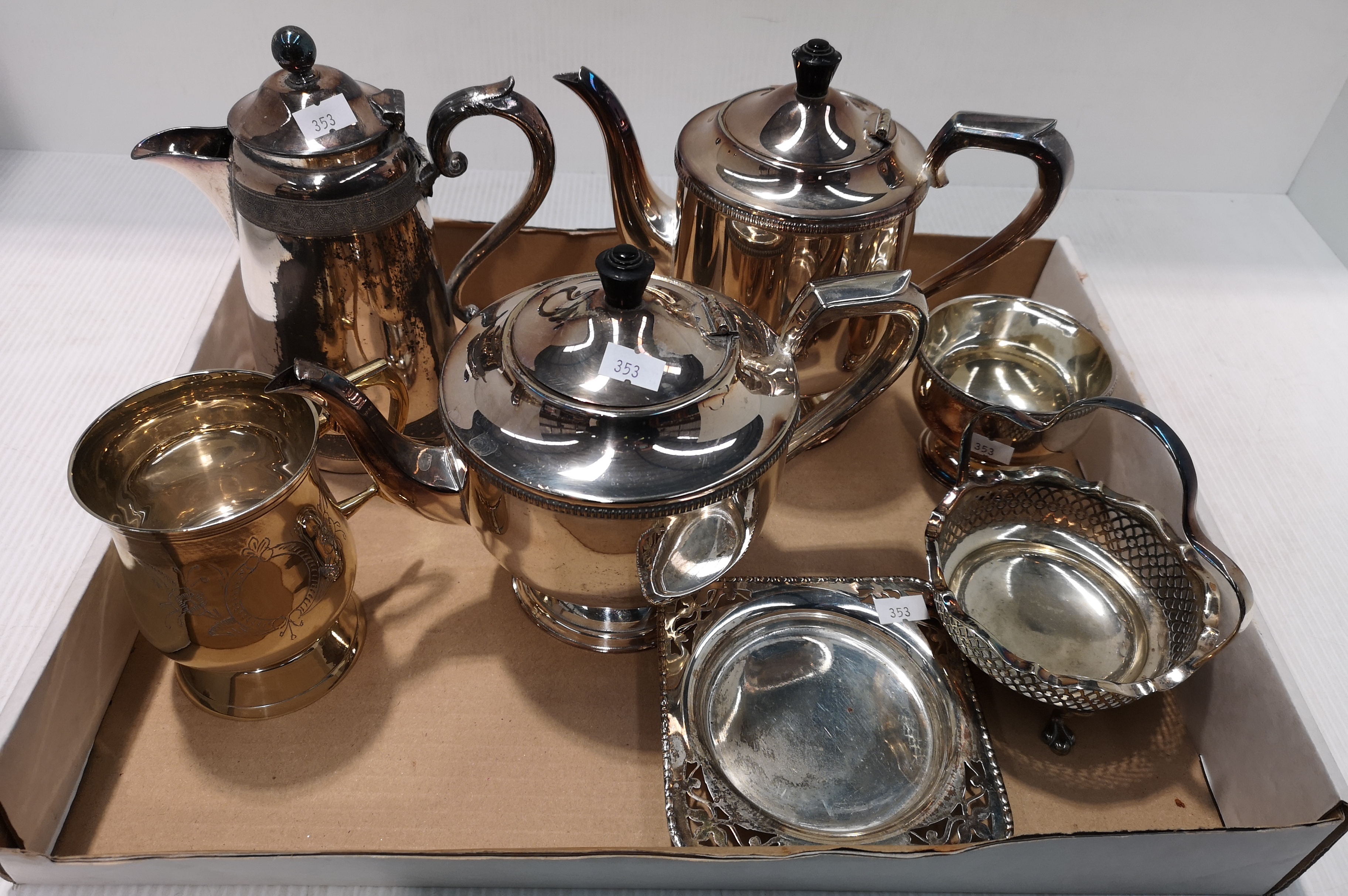 Plated ware including tea and coffee pot, coffee pot, dishes,