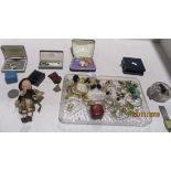 Contents to tray - costume jewellery, small doll, badges, Rotary wristwatch,