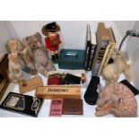 Contents to two boxes - soft toys, magnifying glasses, cash box, German books, coins, etc.