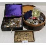 Contents to leather hat box and case large quantity GB and other coins