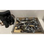 Large quantity of plated and stainless steel cutlery together with USSR binoculars in case