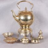 Plated wares comprising Victorian spirit kettle with stand and burner three piece condiment set,