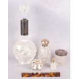 Silver ware comprising a cut crystal decanter and stopper with silver band to neck (at fault),