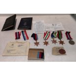 A set of five WWII medals; the war medal 1939-1945, the 1939-1945 Star, the Italy Star,