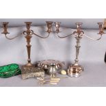 Assorted plate including a pair of Sheffield plate three branch candelabra of tapering,