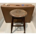 Oak stool and a vintage suitcase