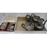 A fish knife and fork set and five other plated items - teapots,