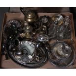 A quantity of plated wares including gallery trays, wine goblets, four piece tea service,
