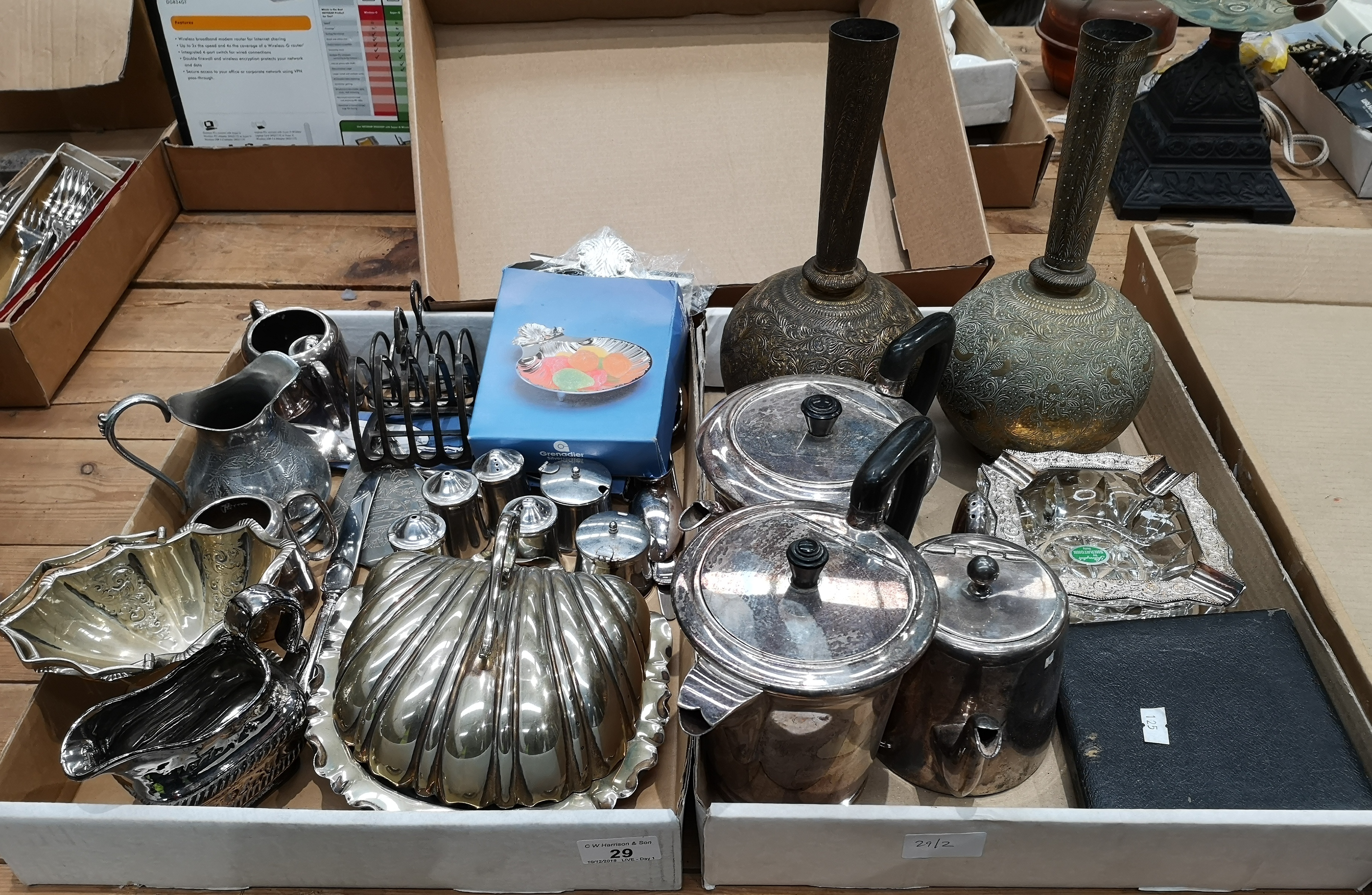 Contents to two trays - silver plated and brassware including tea and coffee pot,