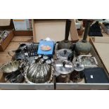 Contents to two trays - silver plated and brassware including tea and coffee pot,