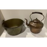 2 items - a brass jam pan and a copper kettle