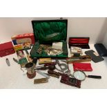 Contents to box - folding cup, costume jewellery, hair clippers, small tools etc.