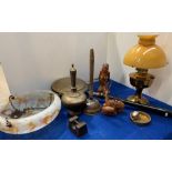 Art Deco ceiling light shade, brass bed pan, brass oil lamp with amber shade, ornaments, etc.
