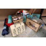 Contents to under half rack - sewing machine, sewing stool and requisites, mirror, tapestries,