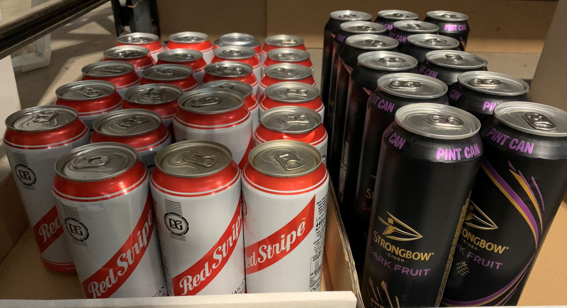 37 x tins of Strongbow Dark Fruit cider (568ml) and Red Stripe (440ml) etc.