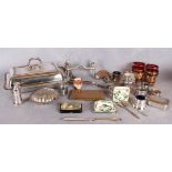 Plated wares including rectangular entree dish and cover with detachable handle, snaffle bit,