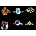 Six modern gem-set gold dress rings, variously stamped (total approximate weight 12.