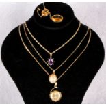Two gold lockets and two gem-set gold pendants all with trace link neck chains,