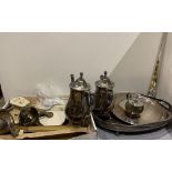 Contents to tray - plated ware including cutlery, two other plated trays, coffee pots, etc.