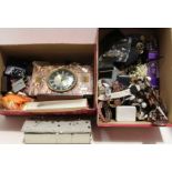 2 boxes and contents assorted costume jewellery, watches, Smiths battery clock etc.