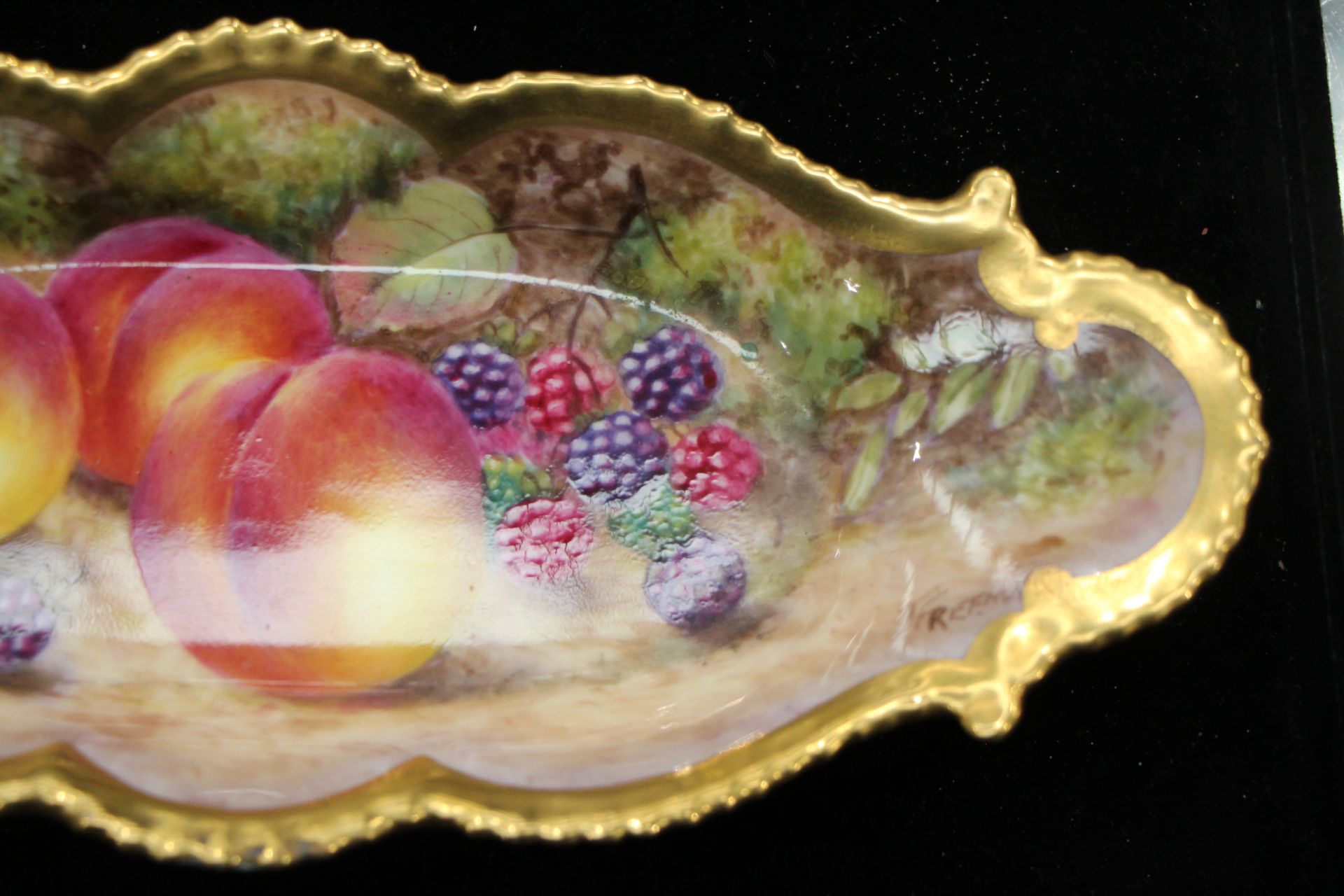 A Royal Worcester oval shaped edged dish painted with fruit, signed J. - Image 3 of 12