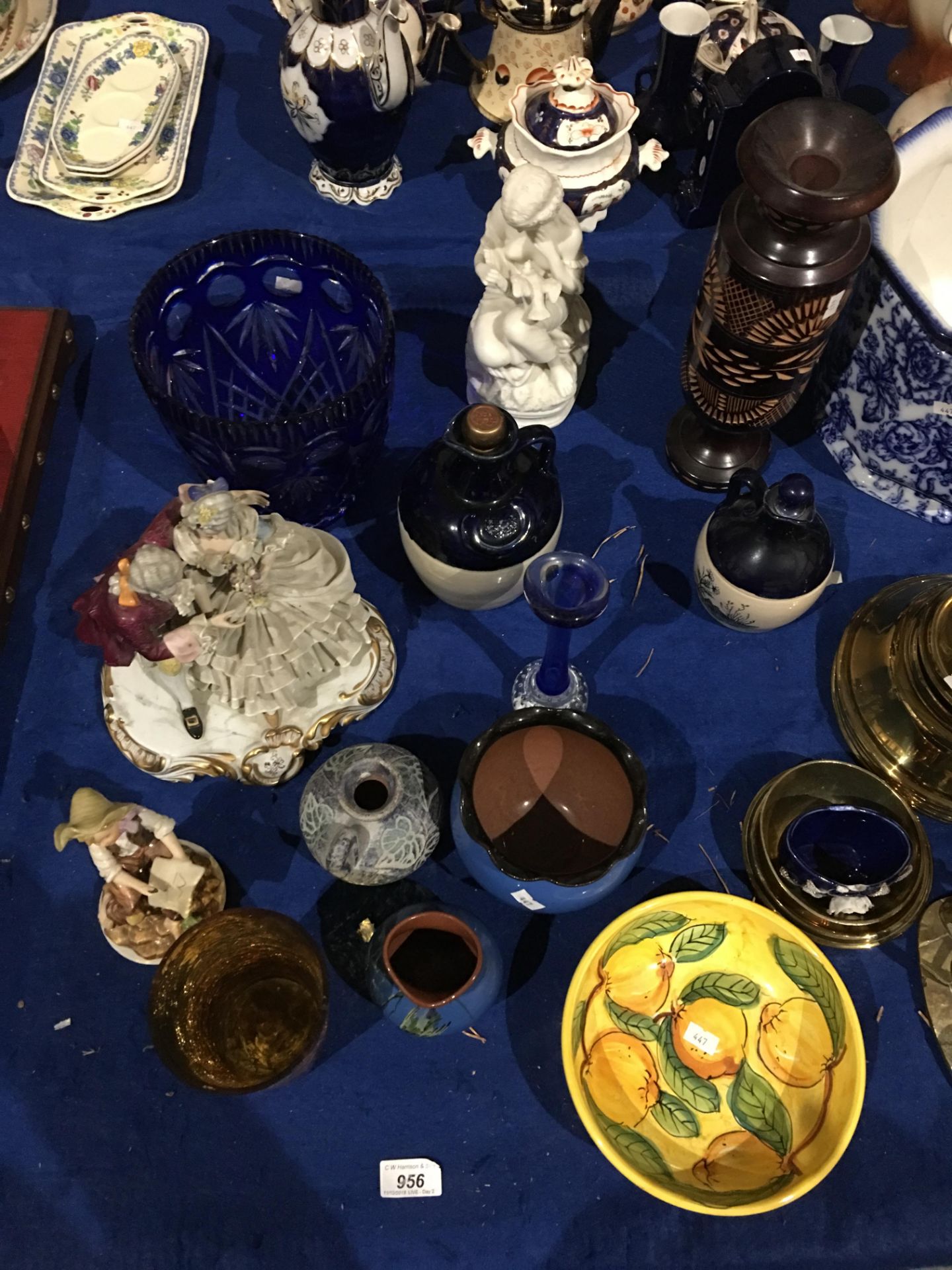 Collection of brassware, Capo-Di-Monte figurines, blue glazed pot, stoneware jars, - Image 9 of 11