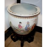 A Chinese famille rose style porcelain circular fish bowl,