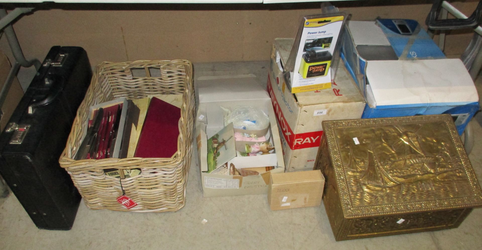 Contents to under table - brass coal box, cutlery sets, Cookworks microwave oven, linen,