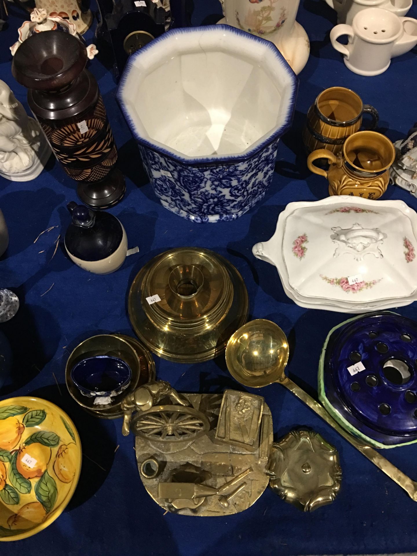 Collection of brassware, Capo-Di-Monte figurines, blue glazed pot, stoneware jars, - Image 10 of 11