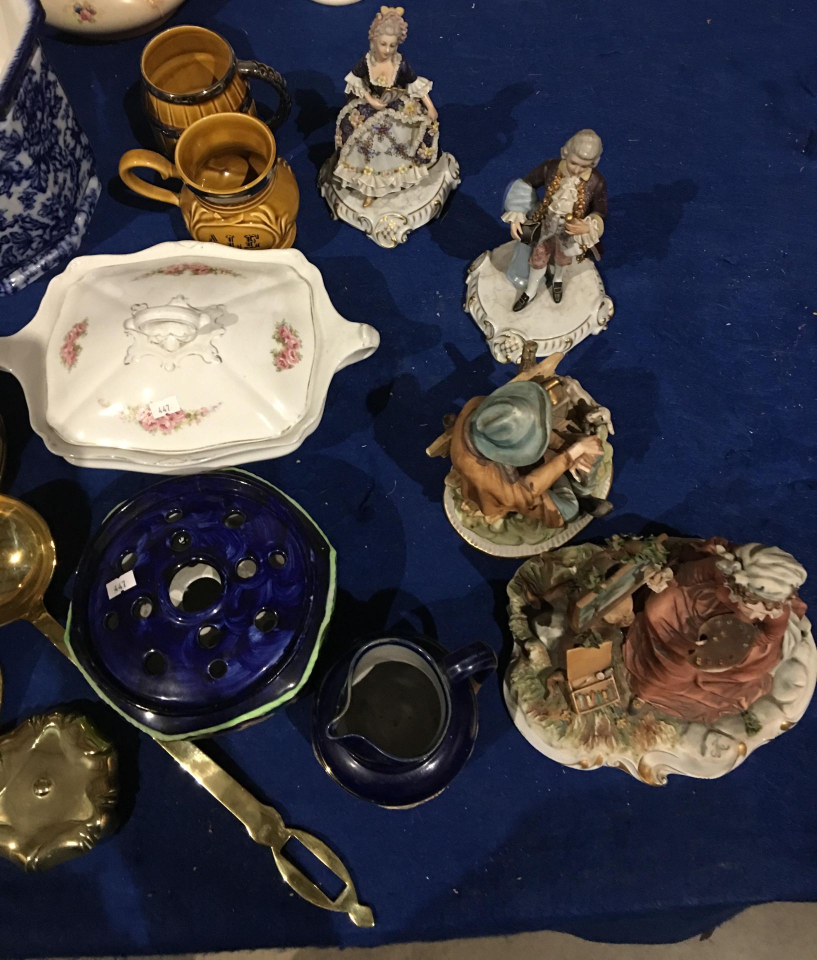 Collection of brassware, Capo-Di-Monte figurines, blue glazed pot, stoneware jars, - Image 11 of 11