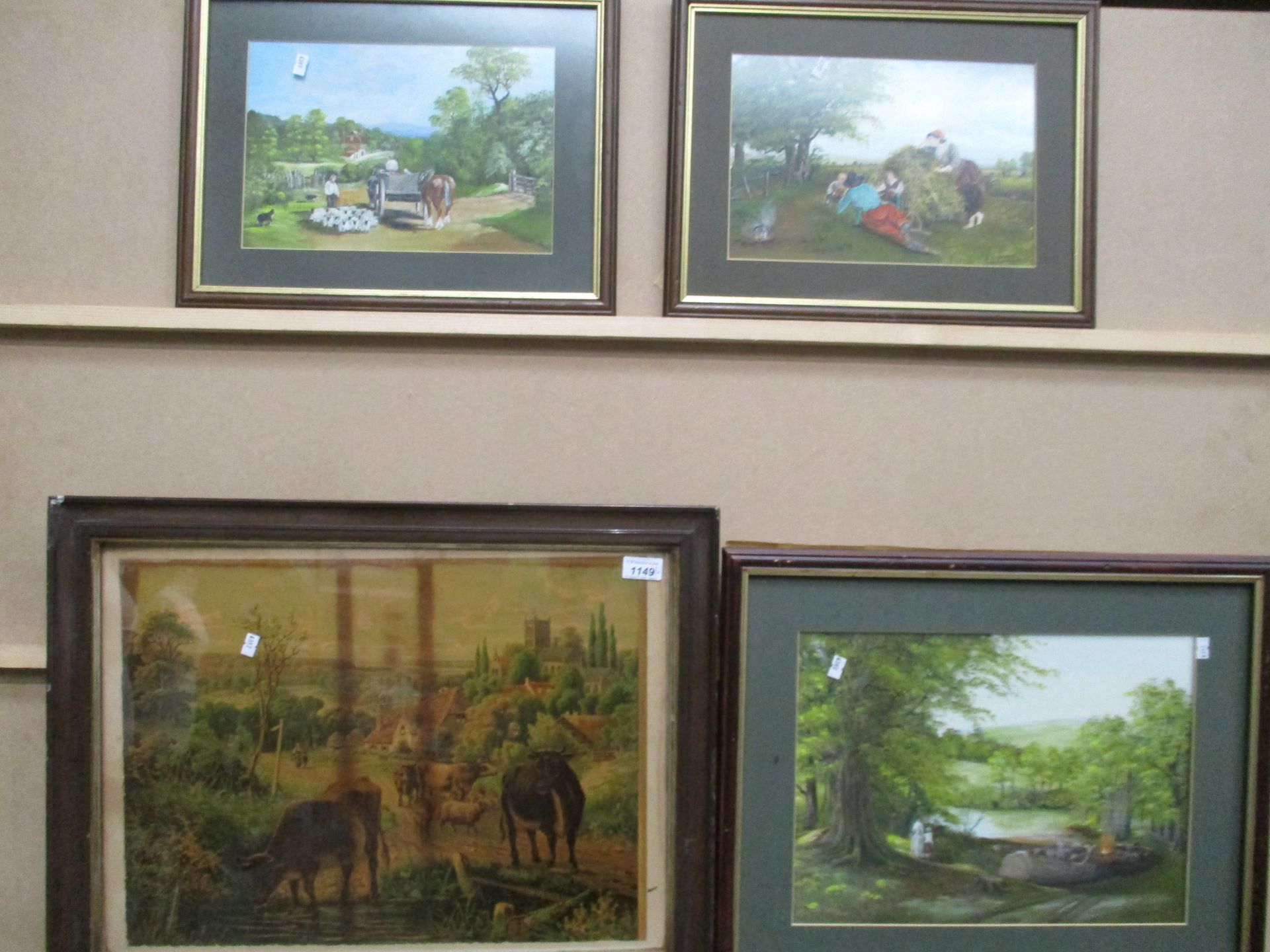 4 framed oils and prints depicting rural life