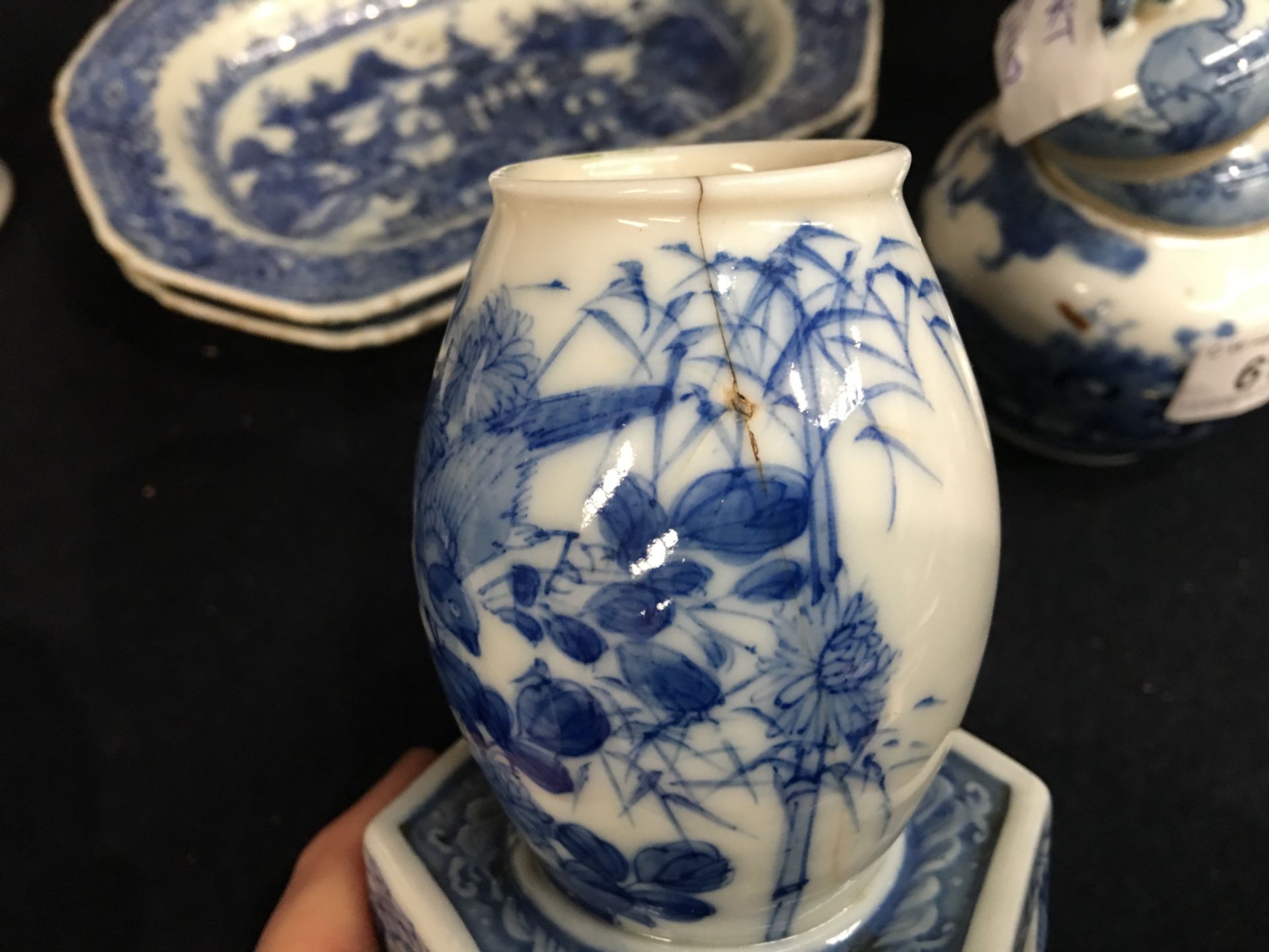 A pair of Japanese blue and white porcelain vases, each on a reticulated hexagonal section base, - Image 9 of 12