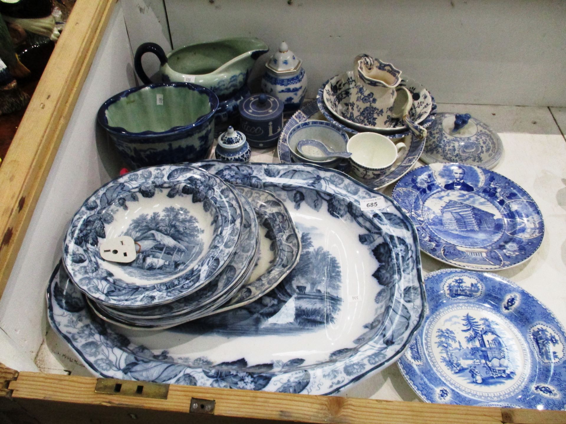 Contents to part of cabinet - a quantity of assorted blue and white pottery and porcelain