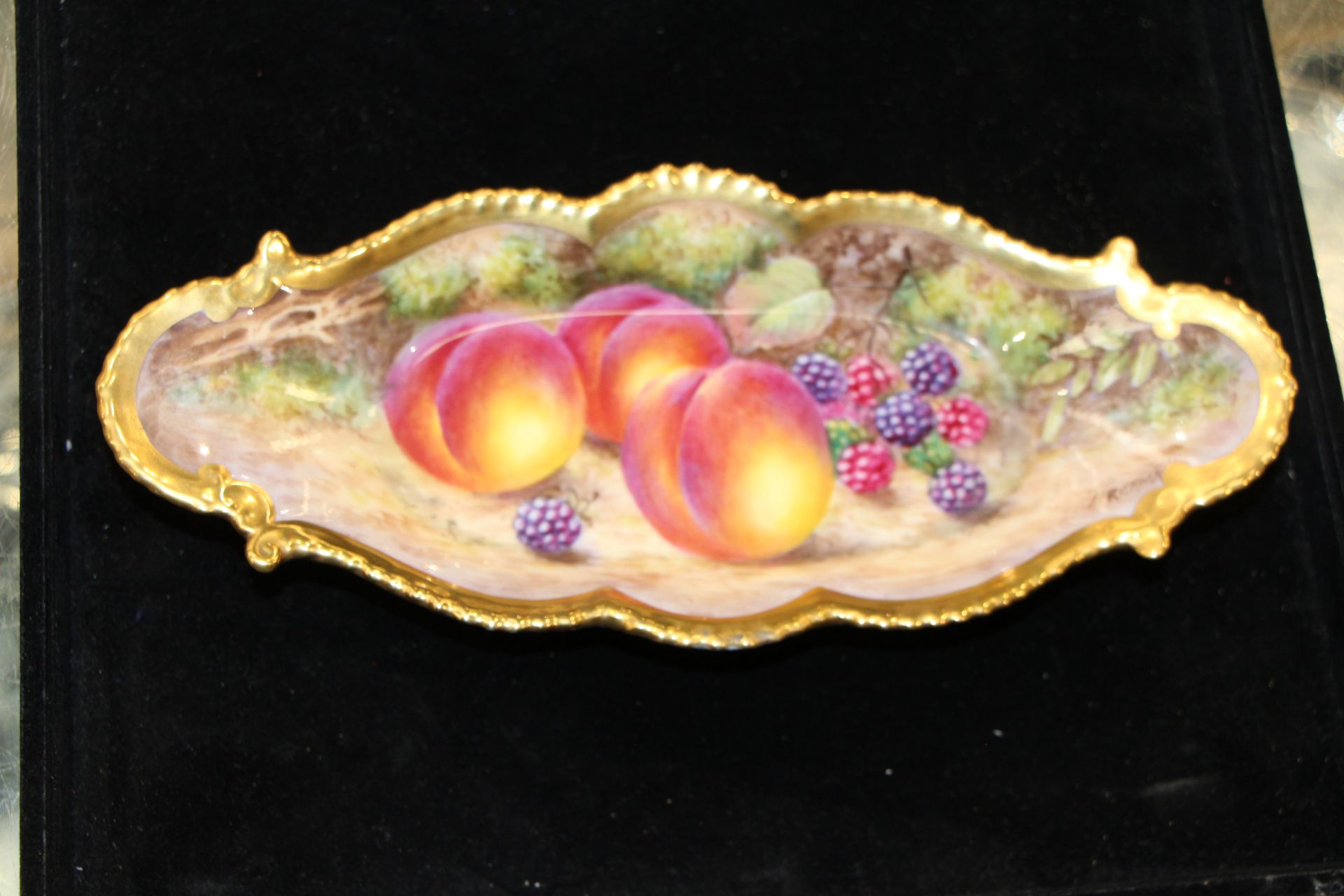 A Royal Worcester oval shaped edged dish painted with fruit, signed J. - Image 2 of 12