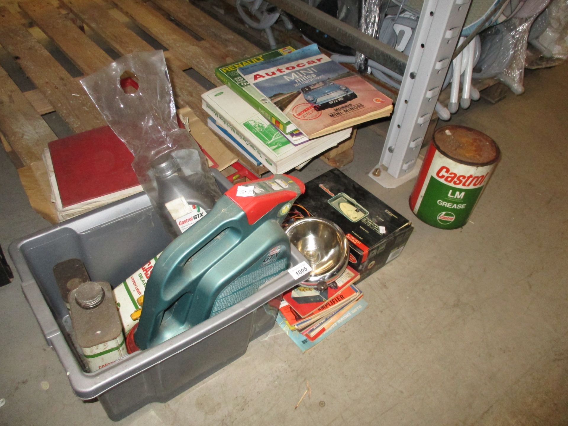 Vintage Castrol grease tin, other tins, assorted car owners workshop manuals,