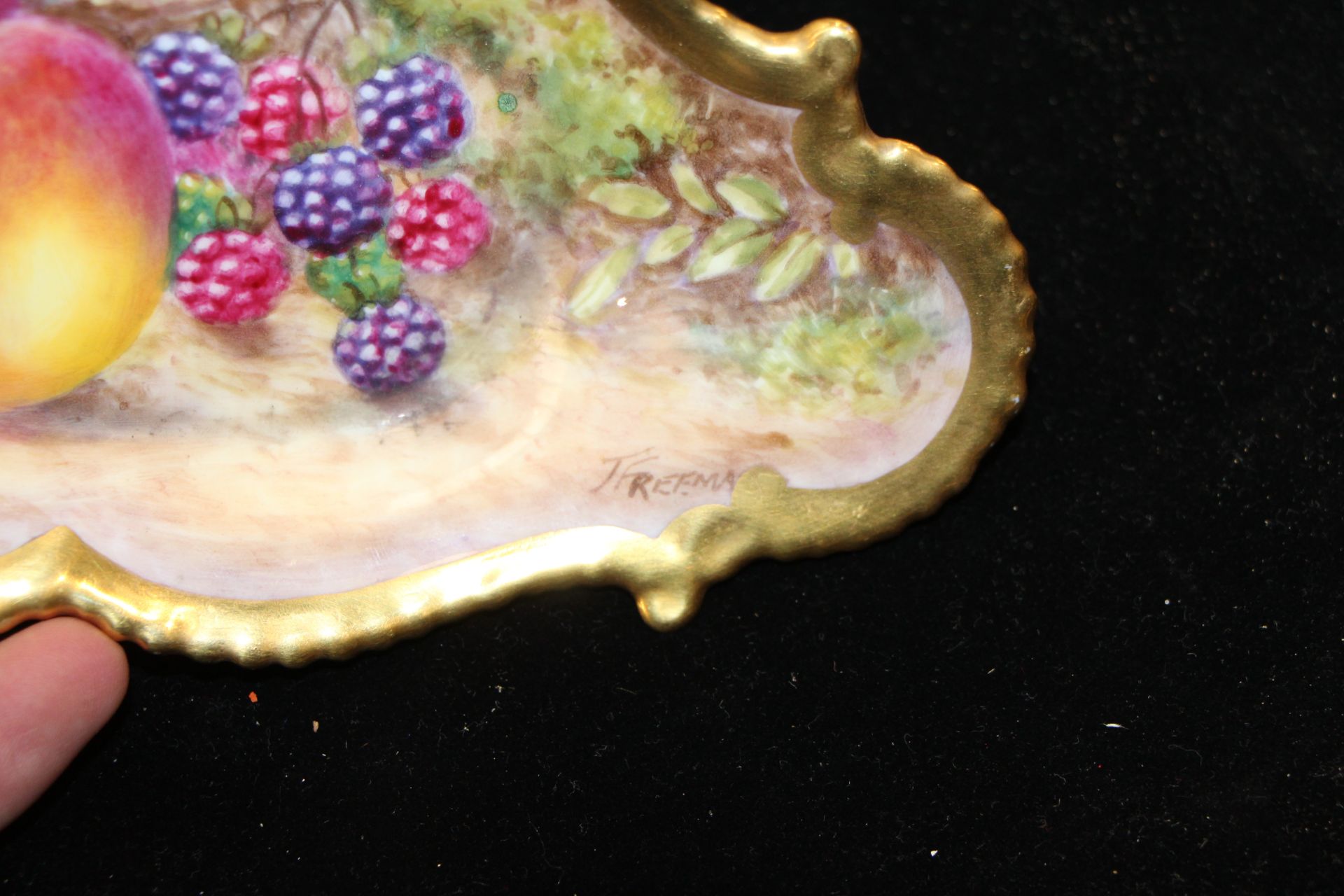A Royal Worcester oval shaped edged dish painted with fruit, signed J. - Image 7 of 12