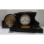 Black mantel clock with presentation plaque 1884 and oak framed mantel clock with plaque 1937 -