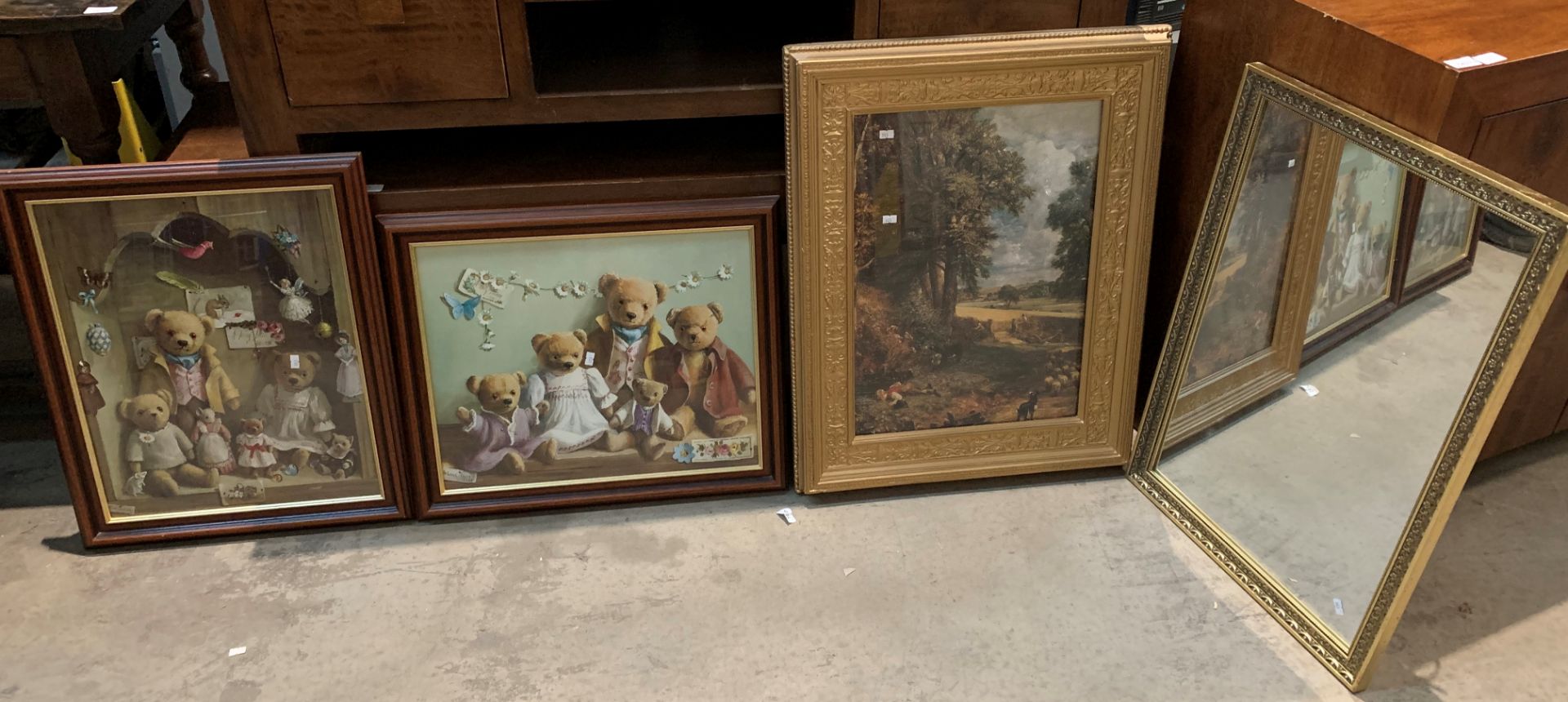 Four items - two framed teddy bear prints,