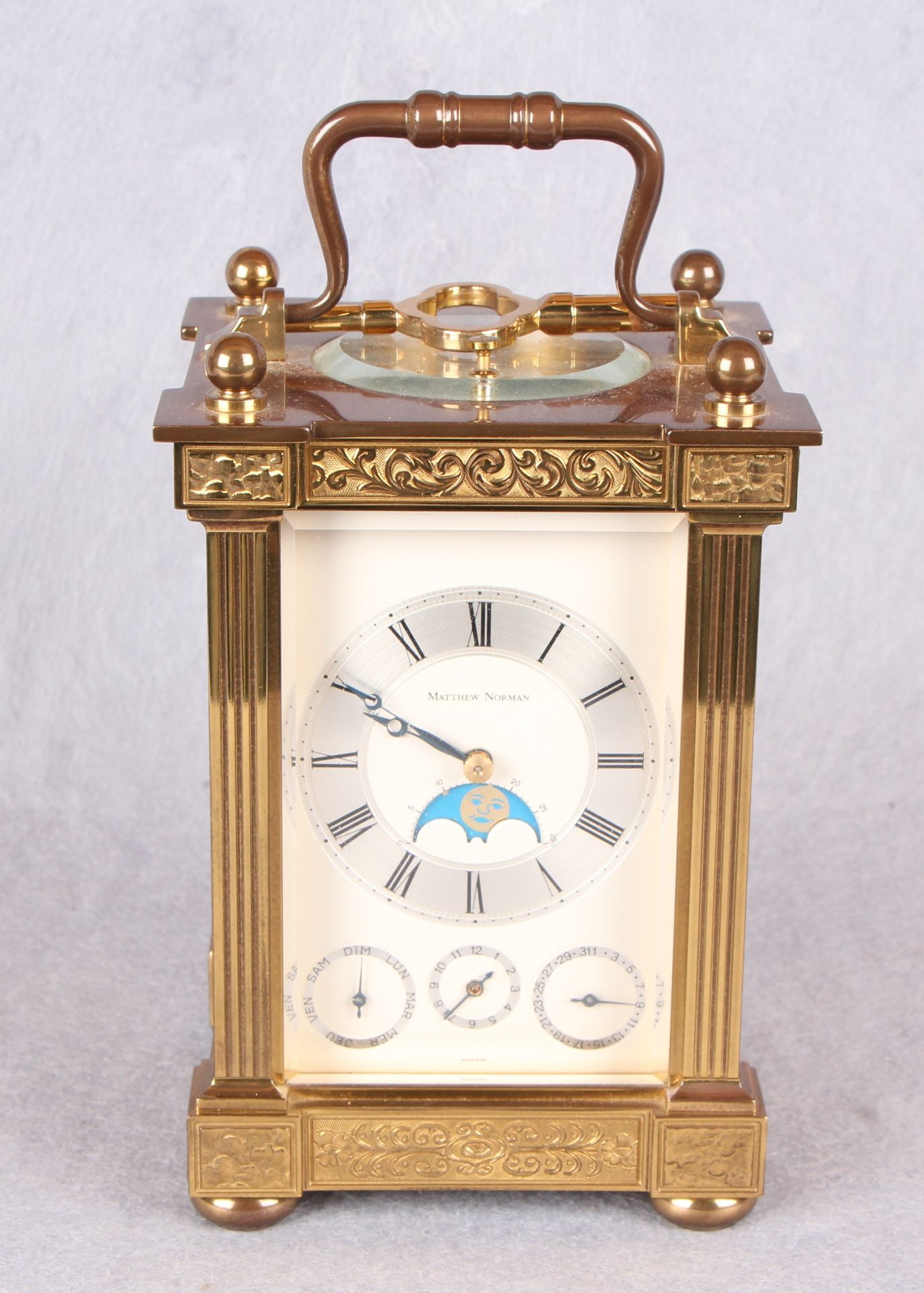 A Matthew Norman eight day, phases of the moon, repeater carriage clock,
