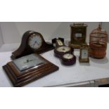 Brass cased mantel clock, 8 day mantel clock, musical bird cage, barometer etc.