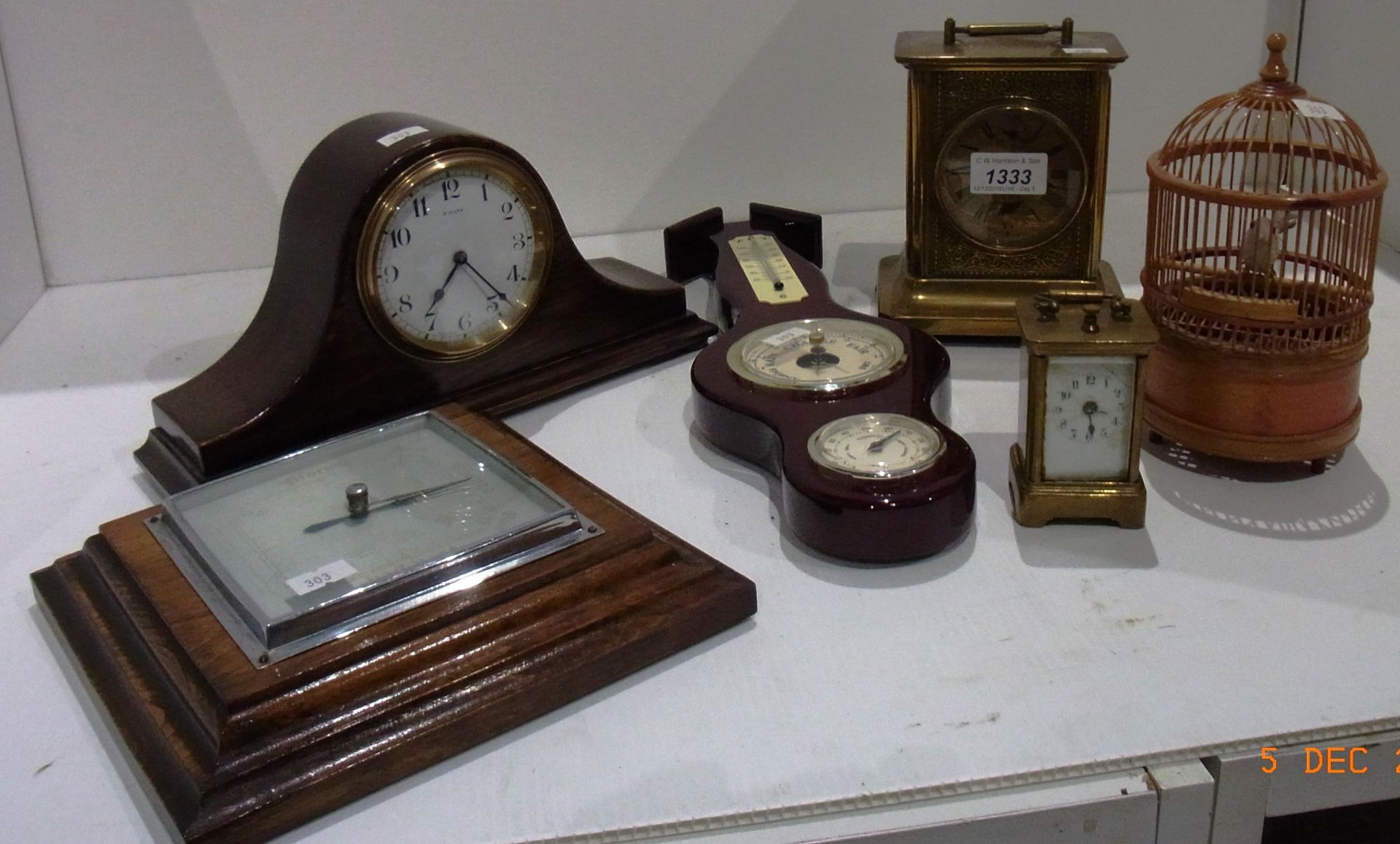 Brass cased mantel clock, 8 day mantel clock, musical bird cage, barometer etc.