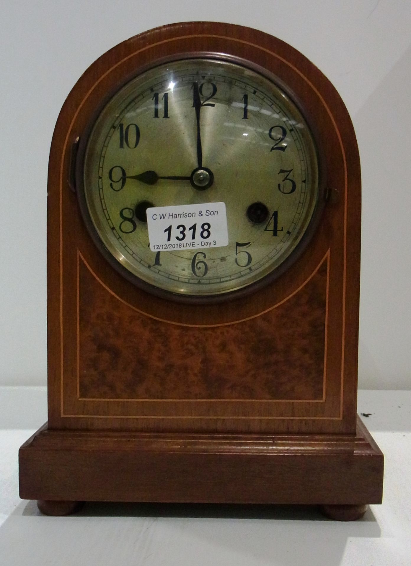 Walnut cased mantel clock with pendulum and key 10"